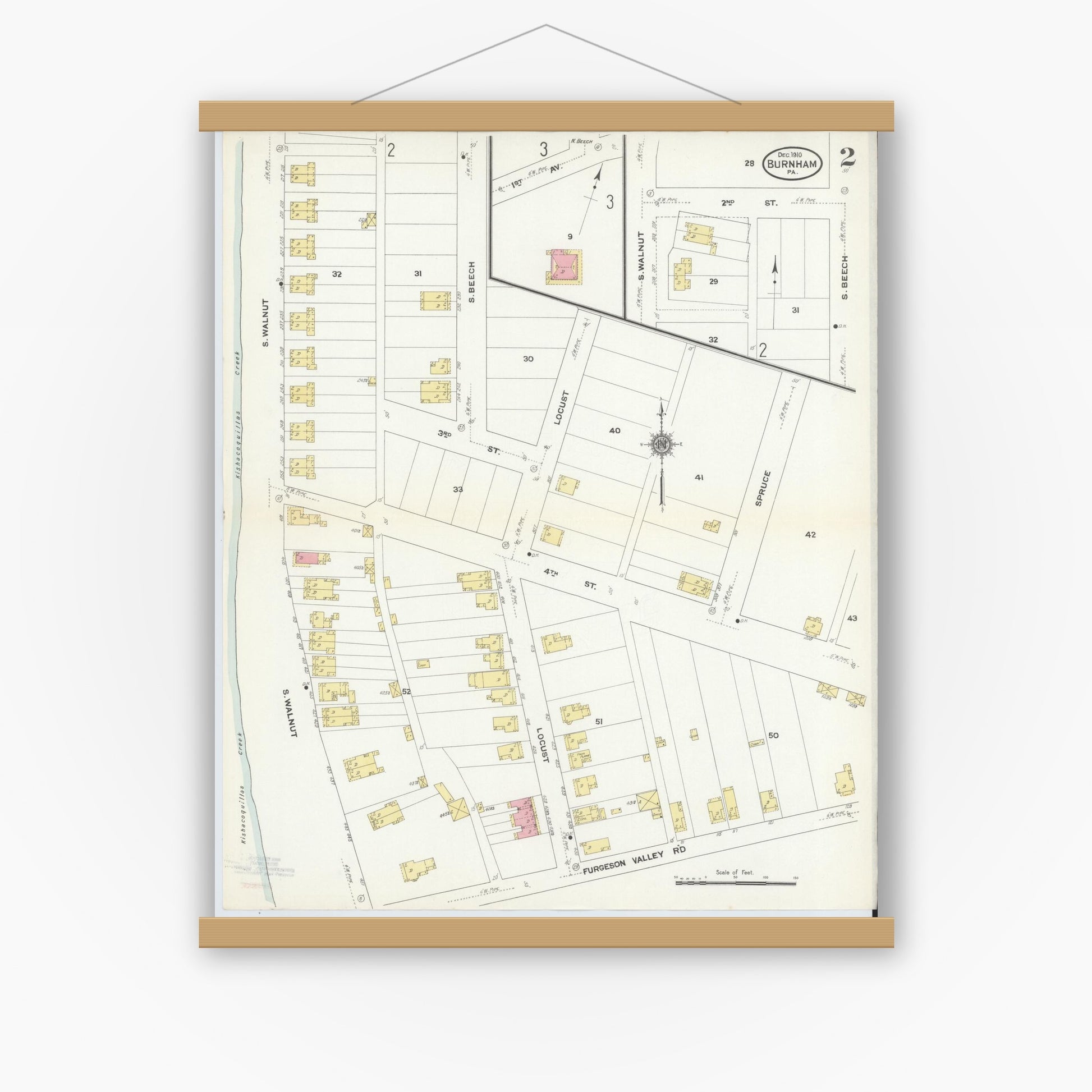 Old map wall art mockup — magnetic wood frame on white wall — Sanborn Fire Insurance Map from Burnham, Mifflin County, Pennsylvania (1910), Sheet #0002