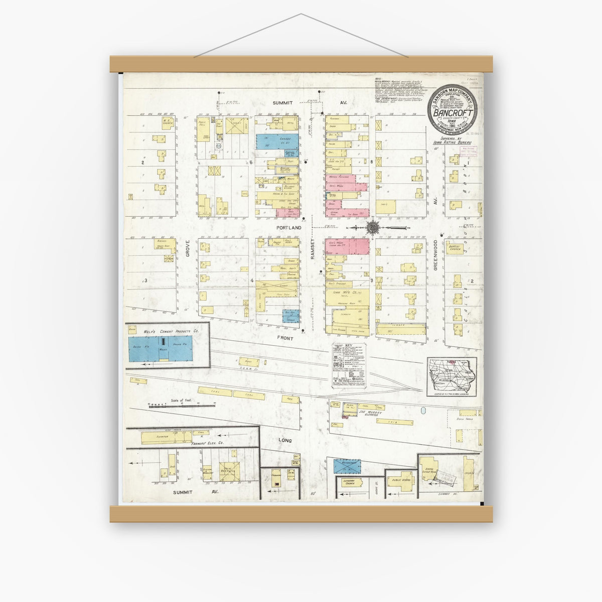Old map wall art mockup — magnetic wood frame on white wall — Sanborn Fire Insurance Map from Bancroft, Kossuth County, Iowa (1916), Sheet #0001