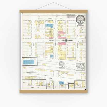 Old map wall art mockup — magnetic wood frame on white wall — Sanborn Fire Insurance Map from Bancroft, Kossuth County, Iowa (1916), Sheet #0001