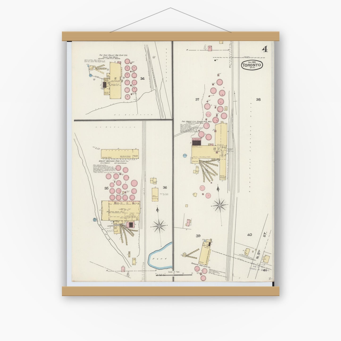 Old map wall art mockup — magnetic wood frame on white wall — Sanborn Fire Insurance Map from Toronto, Jefferson County, Ohio (1892), Sheet #0004