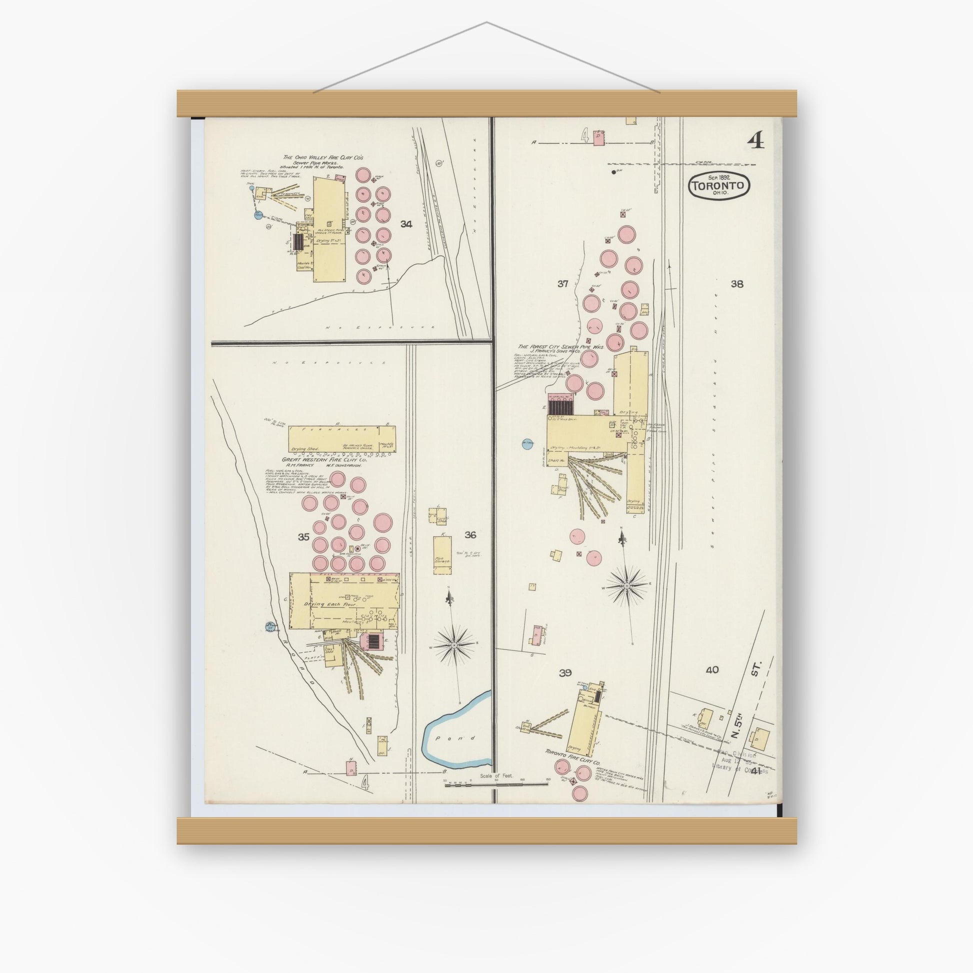 Old map wall art mockup — magnetic wood frame on white wall — Sanborn Fire Insurance Map from Toronto, Jefferson County, Ohio (1892), Sheet #0004