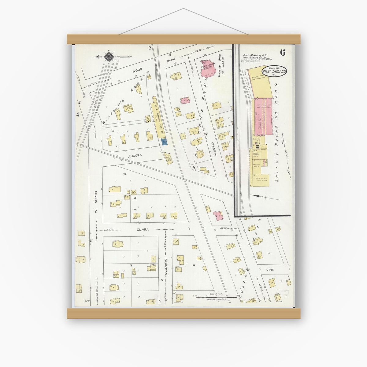 Old map wall art mockup — magnetic wood frame on white wall — Sanborn Fire Insurance Map from West Chicago, Du Page County, Illinois (1923), Sheet #0006