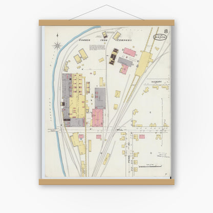 Old map wall art mockup — magnetic wood frame on white wall — Sanborn Fire Insurance Map from Sharon, Mercer County, Pennsylvania (1893), Sheet #0008