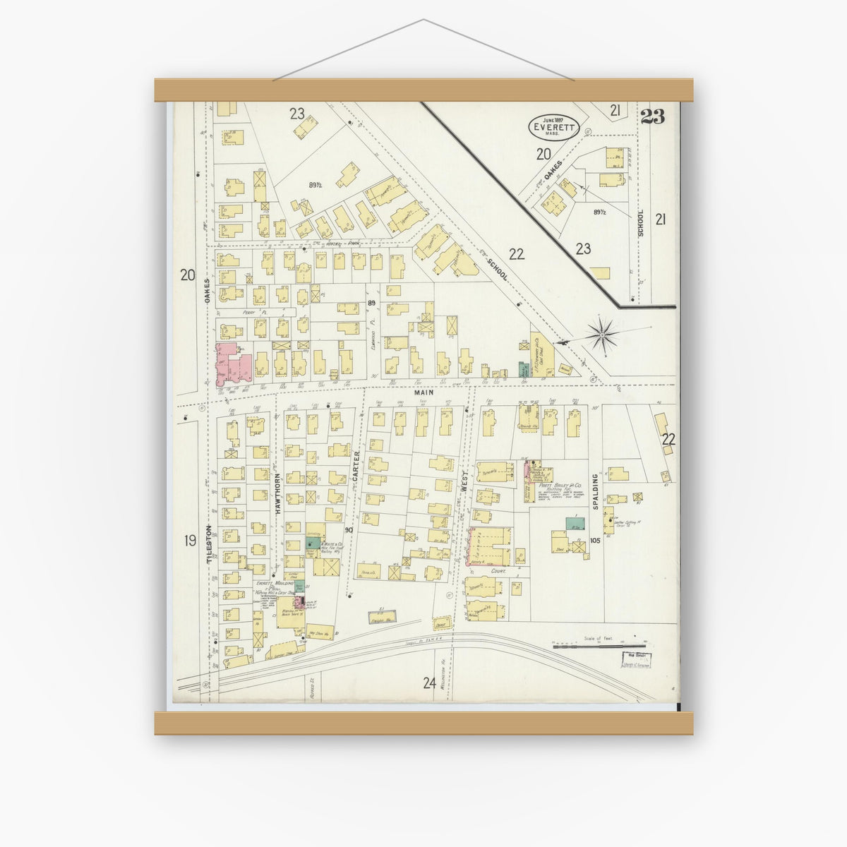 Old map wall art mockup — magnetic wood frame on white wall — Sanborn Fire Insurance Map from Everett, Middlesex County, Massachusetts (1897), Sheet #0023
