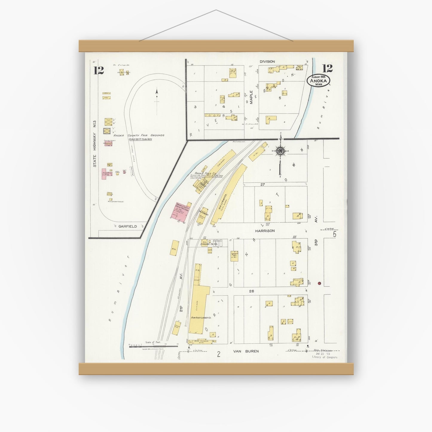 Old map wall art mockup — magnetic wood frame on white wall — Sanborn Fire Insurance Map from Anoka, Anoka County, Minnesota (1925), Sheet #0012