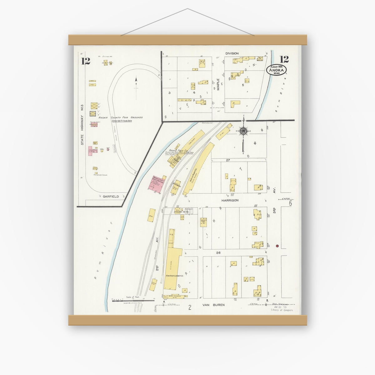 Old map wall art mockup — magnetic wood frame on white wall — Sanborn Fire Insurance Map from Anoka, Anoka County, Minnesota (1925), Sheet #0012