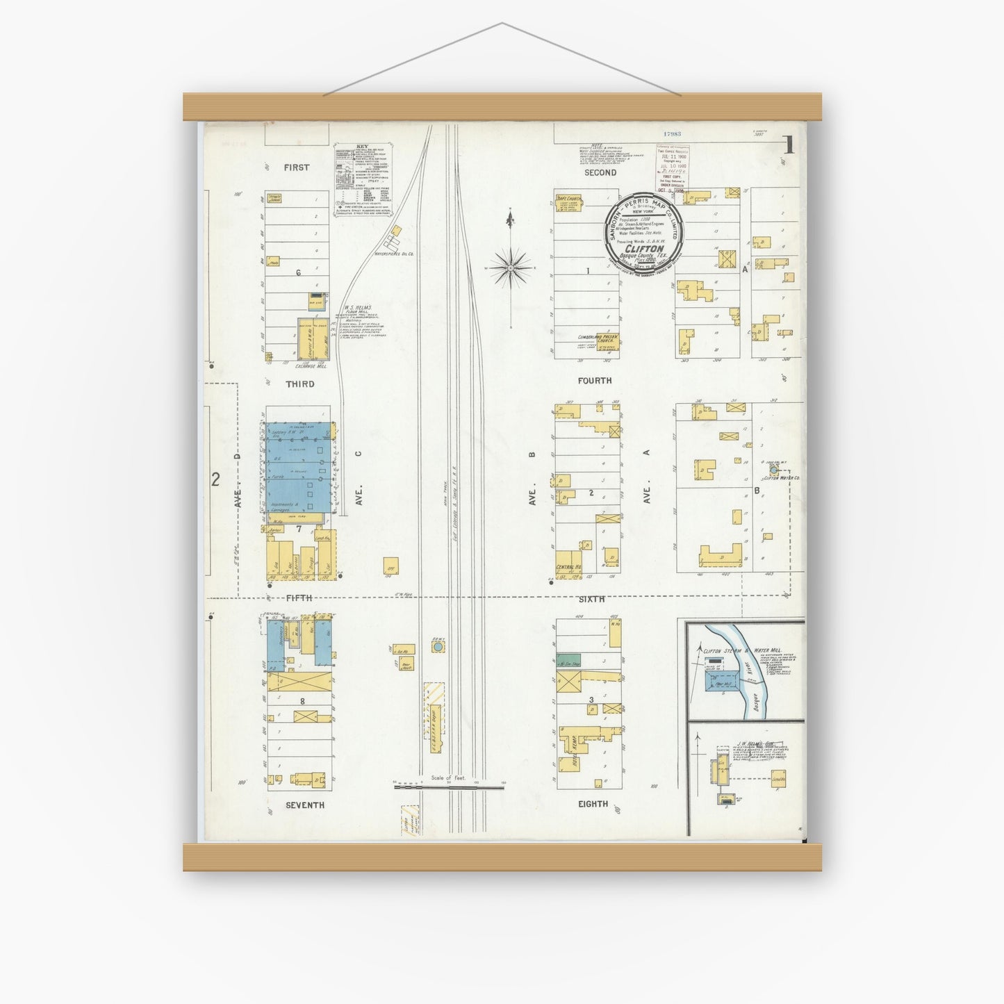 Old map wall art mockup — magnetic wood frame on white wall — Sanborn Fire Insurance Map from Clifton, Bosque County, Texas (1900) - Complete Map Set