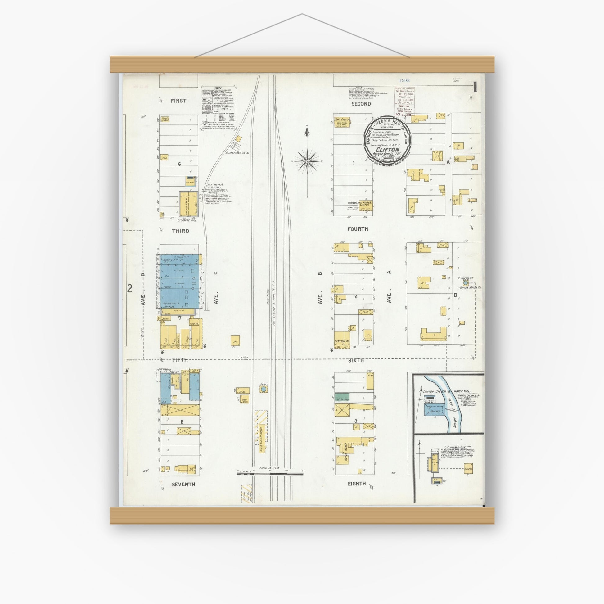 Old map wall art mockup — magnetic wood frame on white wall — Sanborn Fire Insurance Map from Clifton, Bosque County, Texas (1900) - Complete Map Set