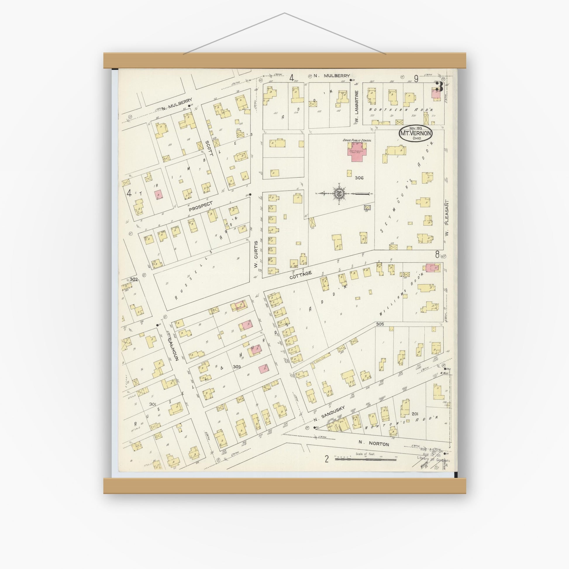 Old map wall art mockup — magnetic wood frame on white wall — Sanborn Fire Insurance Map from Mount Vernon, Knox County, Ohio (1913), Sheet #0003