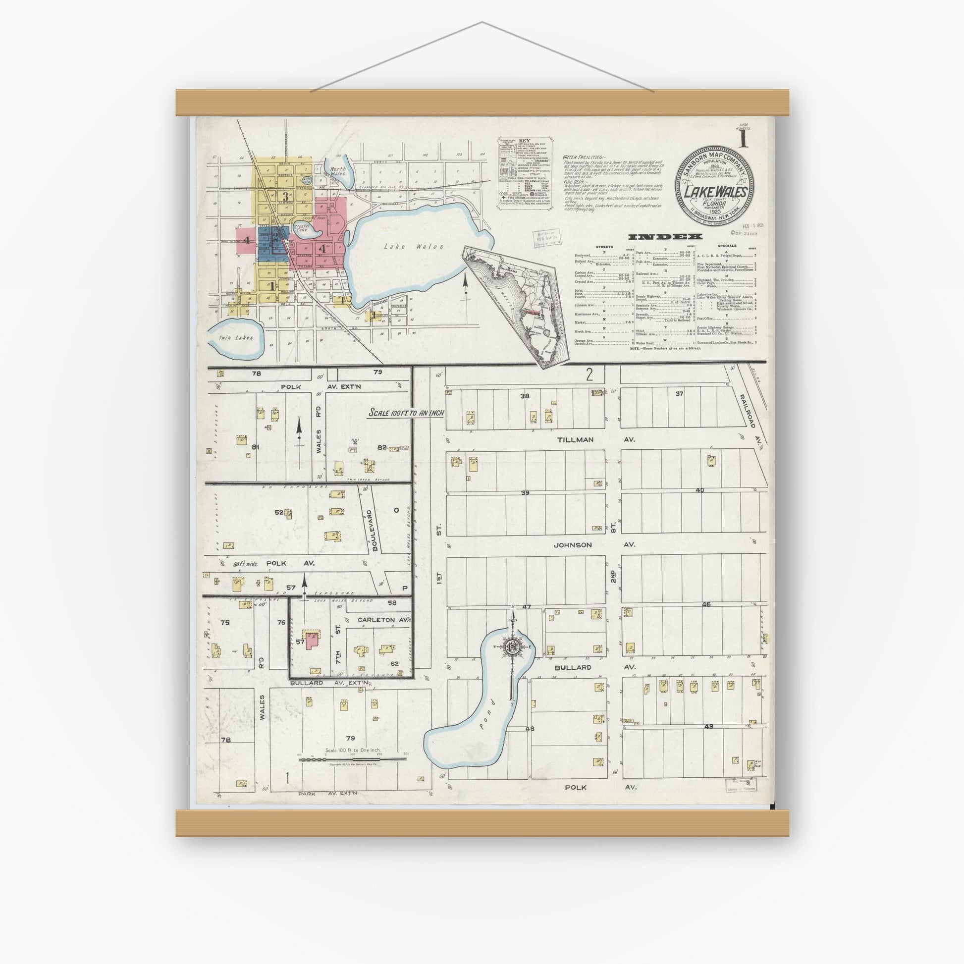 Old map wall art mockup — magnetic wood frame on white wall — Sanborn Fire Insurance Map from Lake Wales, Polk County, Florida (1920), Sheet #0001