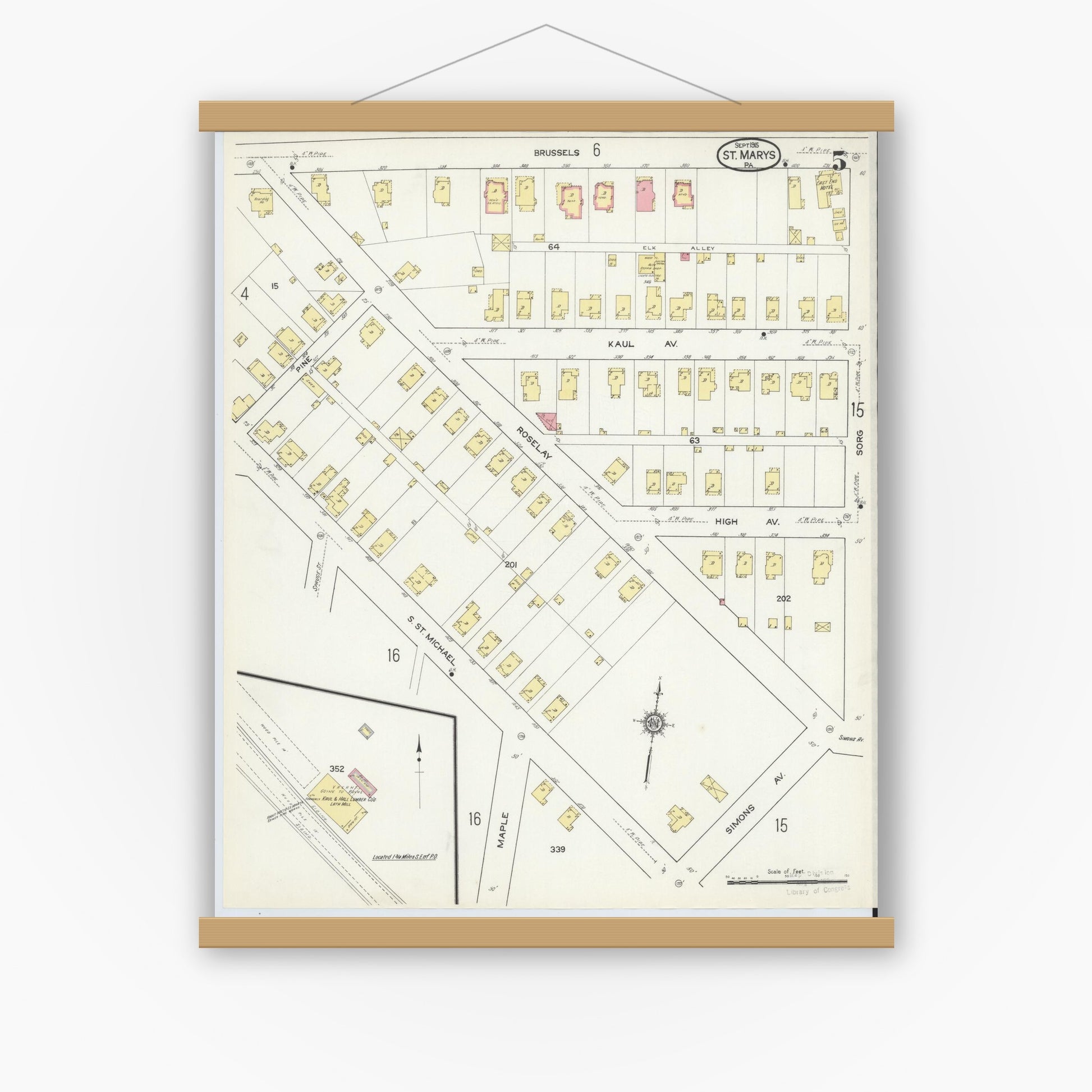 Old map wall art mockup — magnetic wood frame on white wall — Sanborn Fire Insurance Map from Saint Marys, Elk County, Pennsylvania (1915), Sheet #0005