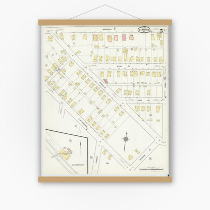 Old map wall art mockup — magnetic wood frame on white wall — Sanborn Fire Insurance Map from Saint Marys, Elk County, Pennsylvania (1915), Sheet #0005