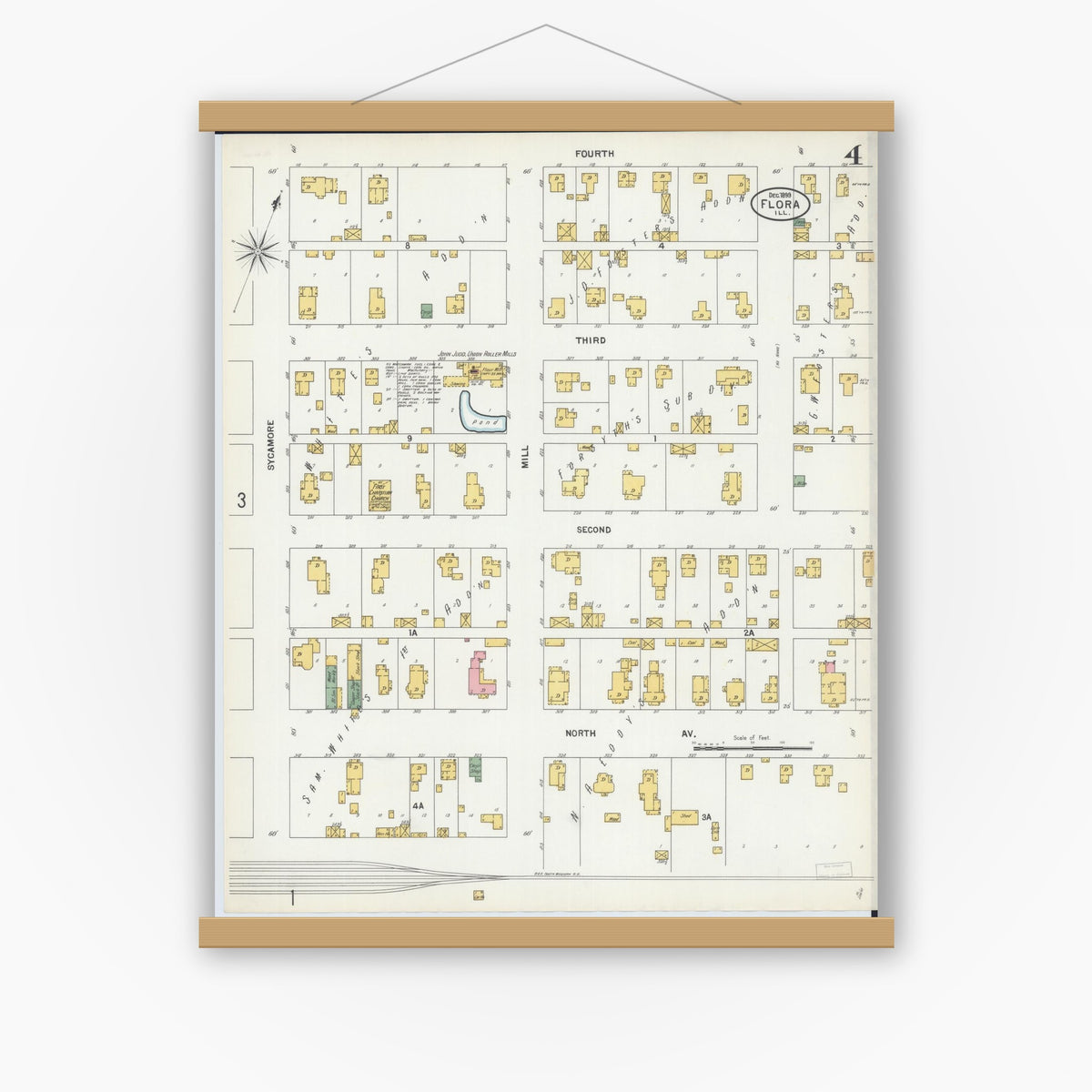 Old map wall art mockup — magnetic wood frame on white wall — Sanborn Fire Insurance Map from Flora, Clay County, Illinois (1899), Sheet #0004