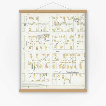 Old map wall art mockup — magnetic wood frame on white wall — Sanborn Fire Insurance Map from Flora, Clay County, Illinois (1899), Sheet #0004