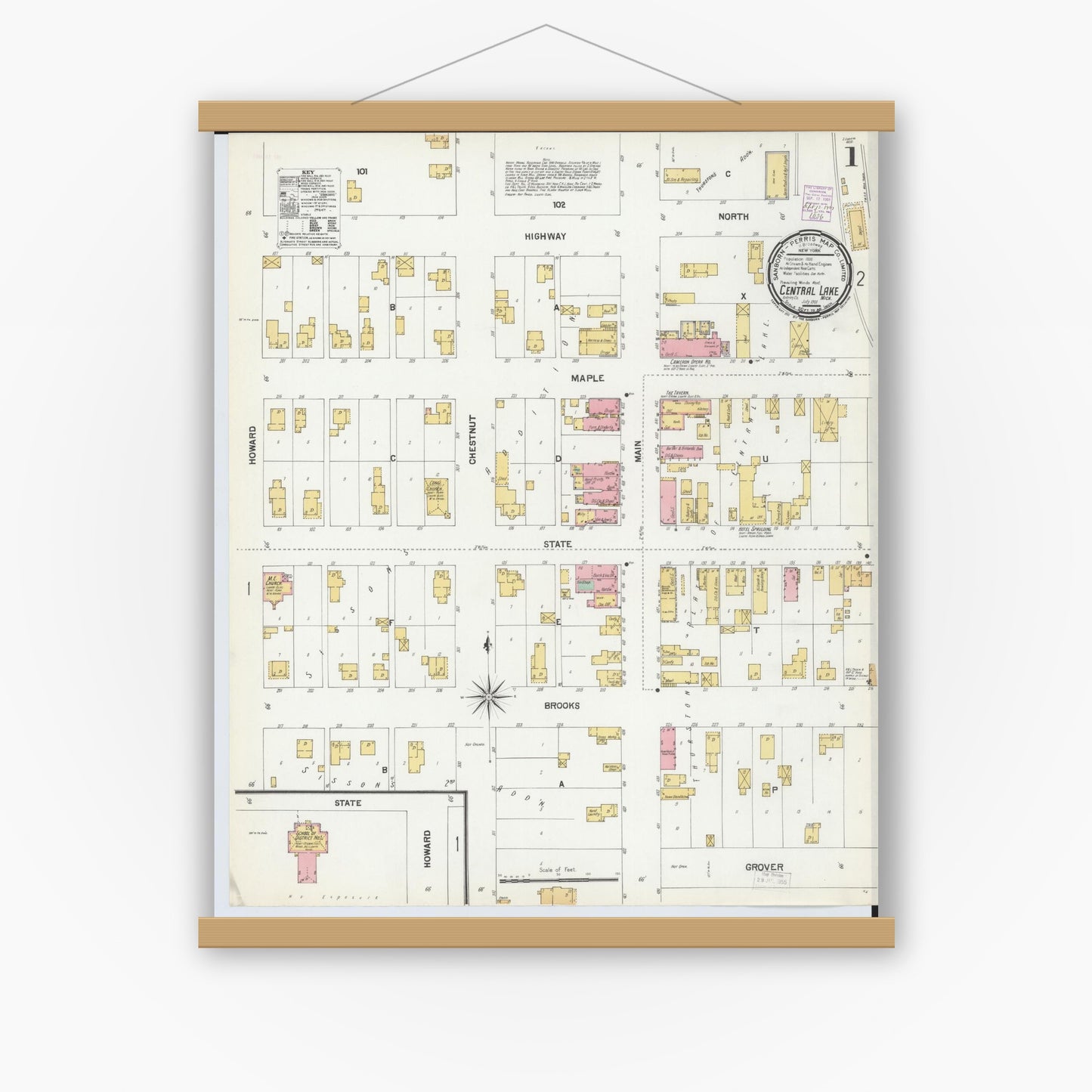 Old map wall art mockup — magnetic wood frame on white wall — Sanborn Fire Insurance Map from Central Lake, Antrim County, Michigan (1901), Sheet #0001