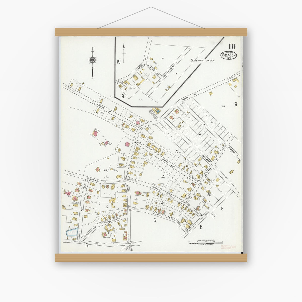 Old map wall art mockup — magnetic wood frame on white wall — Sanborn Fire Insurance Map from Beacon, Dutchess County, New York (1919), Sheet #0019