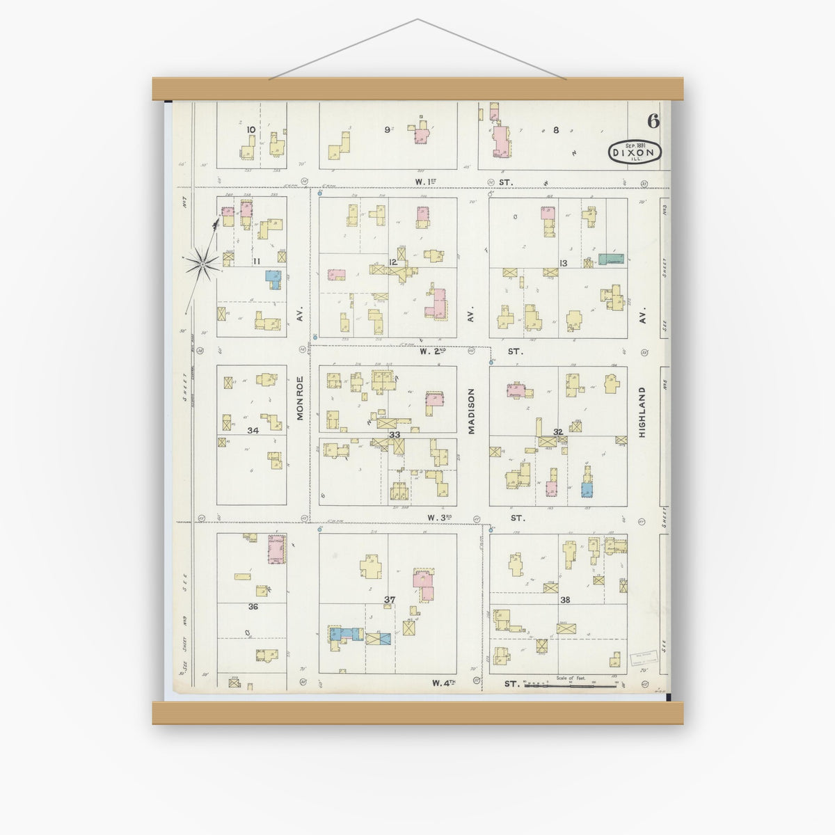 Old map wall art mockup — magnetic wood frame on white wall — Sanborn Fire Insurance Map from Dixon, Lee County, Illinois (1891), Sheet #0006