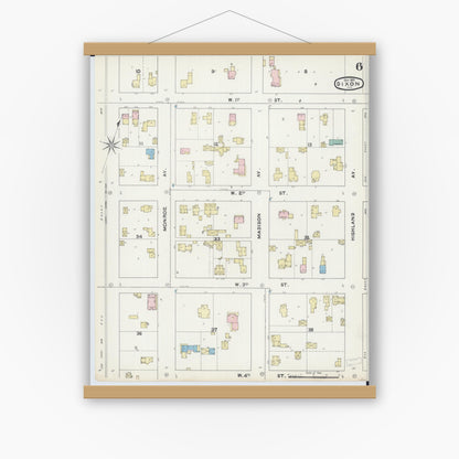 Old map wall art mockup — magnetic wood frame on white wall — Sanborn Fire Insurance Map from Dixon, Lee County, Illinois (1891), Sheet #0006