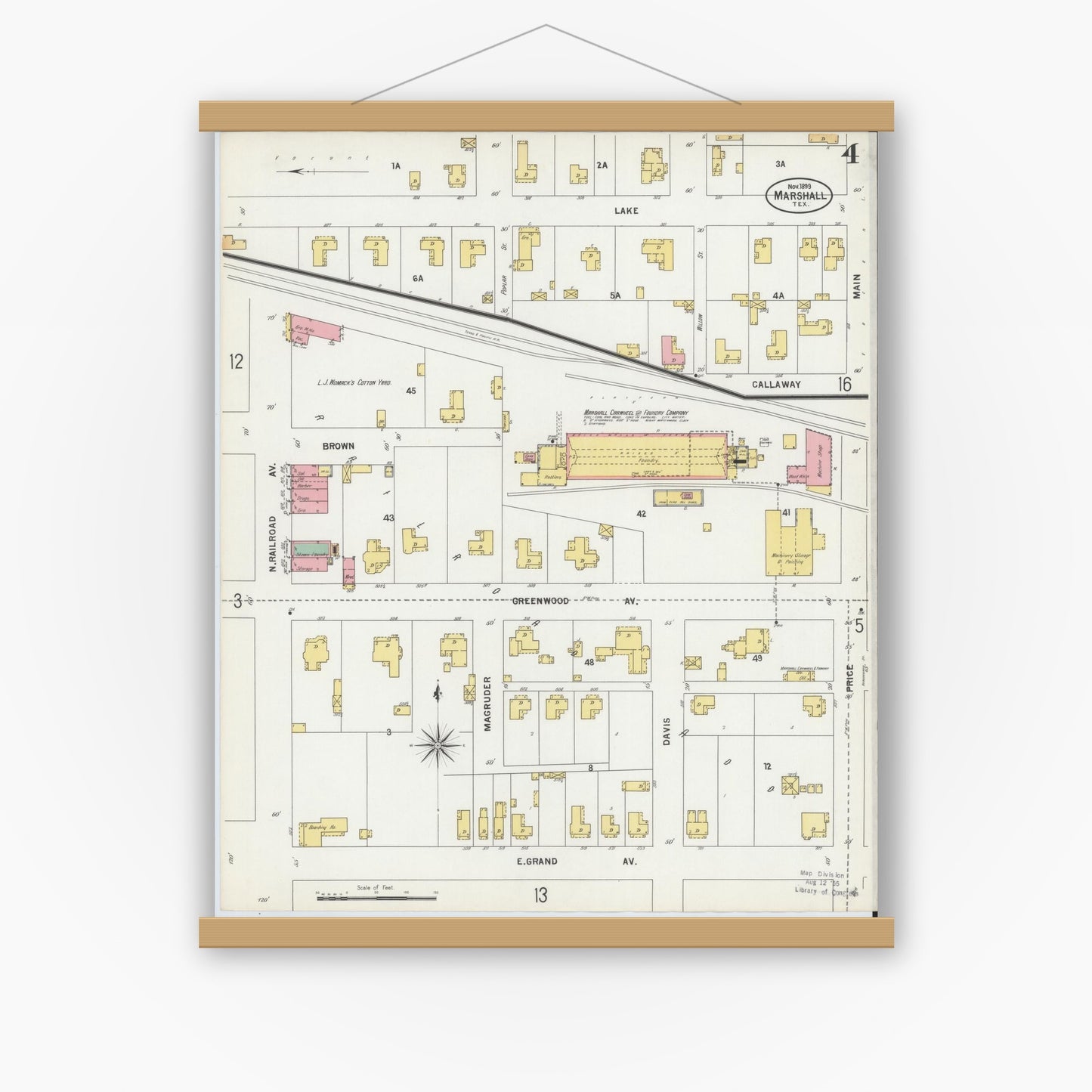 Old map wall art mockup — magnetic wood frame on white wall — Sanborn Fire Insurance Map from Marshall, Harrison County, Texas (1899), Sheet #0004