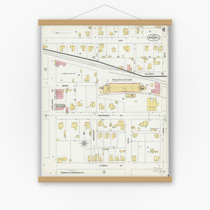 Old map wall art mockup — magnetic wood frame on white wall — Sanborn Fire Insurance Map from Marshall, Harrison County, Texas (1899), Sheet #0004