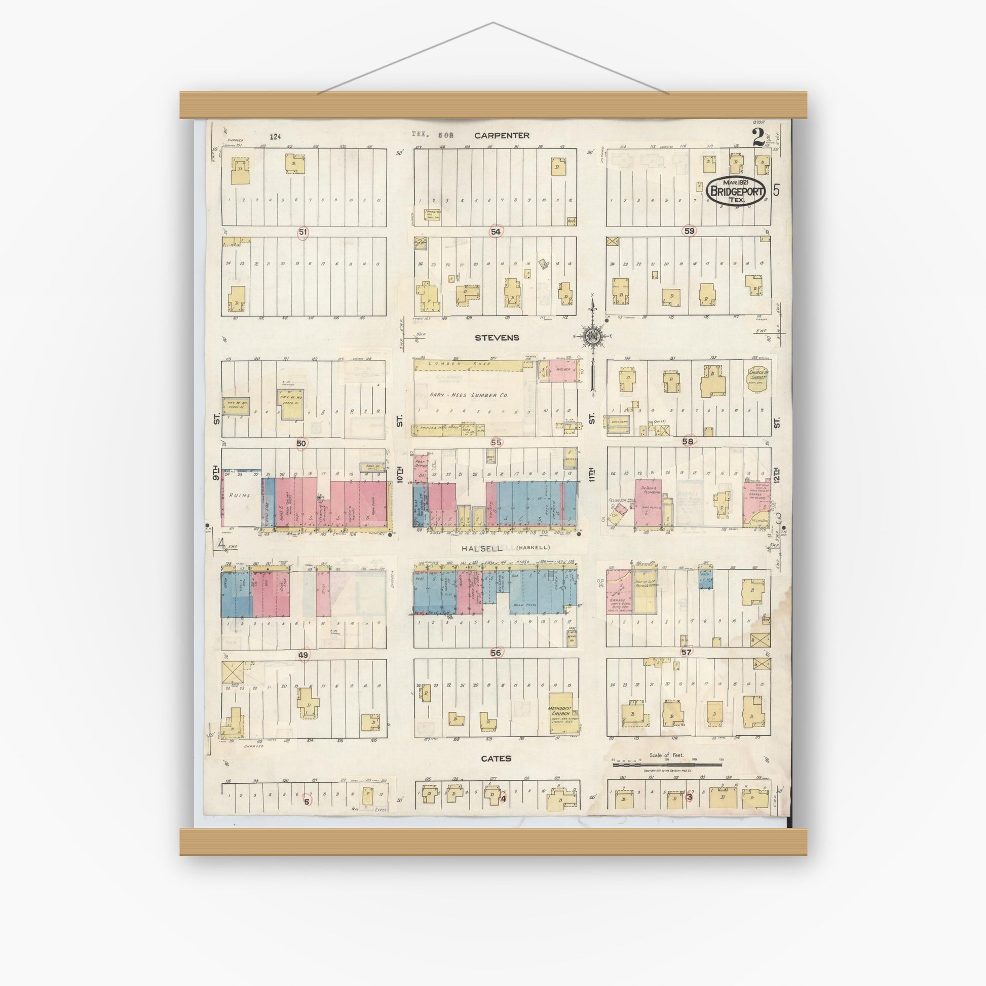 Old map wall art mockup — magnetic wood frame on white wall — Sanborn Fire Insurance Map from Bridgeport, Wise County, Texas (1944), Sheet #0002