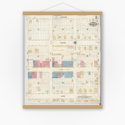 Old map wall art mockup — magnetic wood frame on white wall — Sanborn Fire Insurance Map from Bridgeport, Wise County, Texas (1944), Sheet #0002