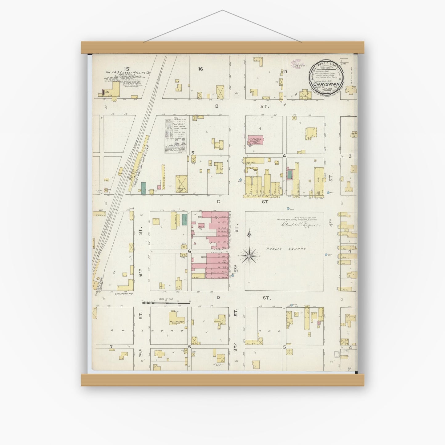 Old map wall art mockup — magnetic wood frame on white wall — Sanborn Fire Insurance Map from Chrisman, Edgar County, Illinois (1893), Sheet #0001