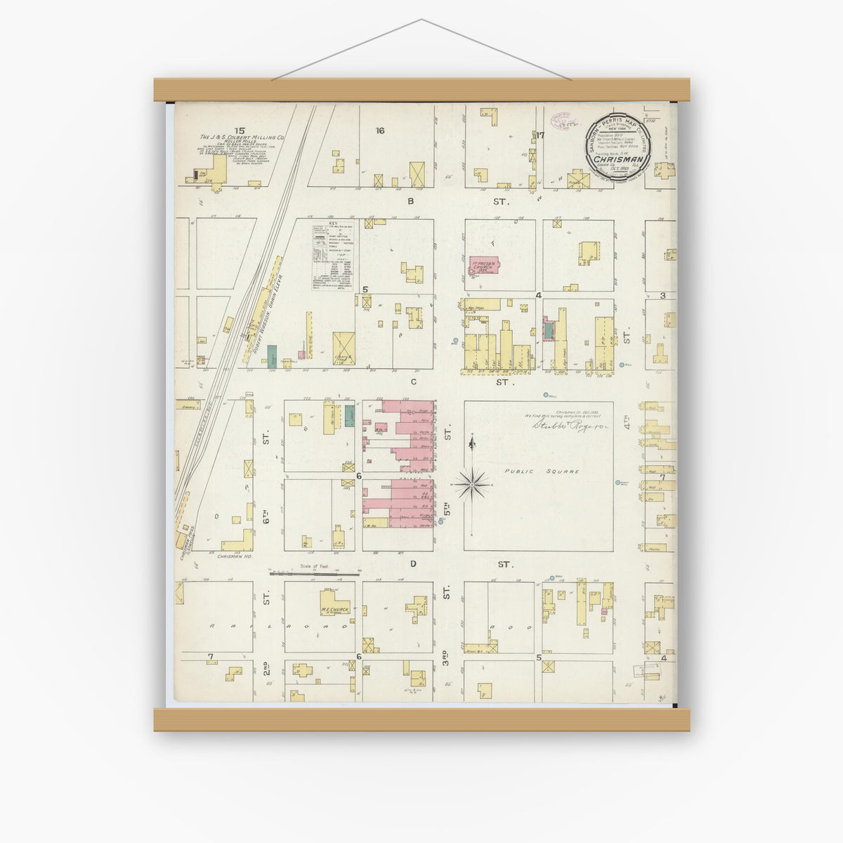 Old map wall art mockup — magnetic wood frame on white wall — Sanborn Fire Insurance Map from Chrisman, Edgar County, Illinois (1893), Sheet #0001