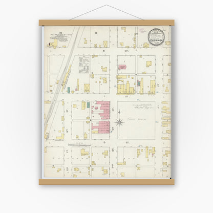 Old map wall art mockup — magnetic wood frame on white wall — Sanborn Fire Insurance Map from Chrisman, Edgar County, Illinois (1893), Sheet #0001