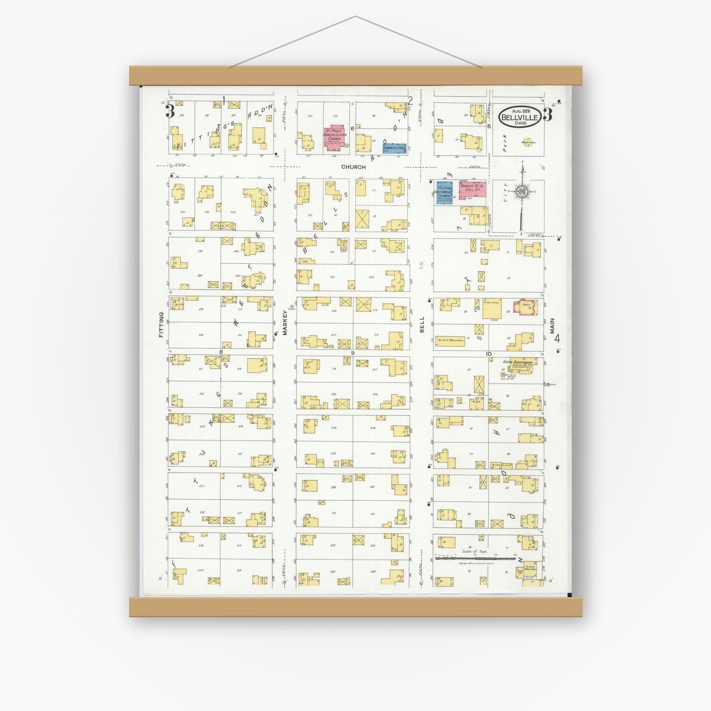 Old map wall art mockup — magnetic wood frame on white wall — Sanborn Fire Insurance Map from Bellville, Richland County, Ohio (1926), Sheet #0003