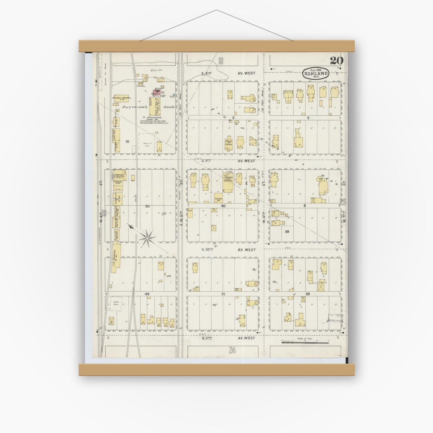 Old map wall art mockup — magnetic wood frame on white wall — Sanborn Fire Insurance Map from Ashland, Ashland County, Wisconsin (1895), Sheet #0020