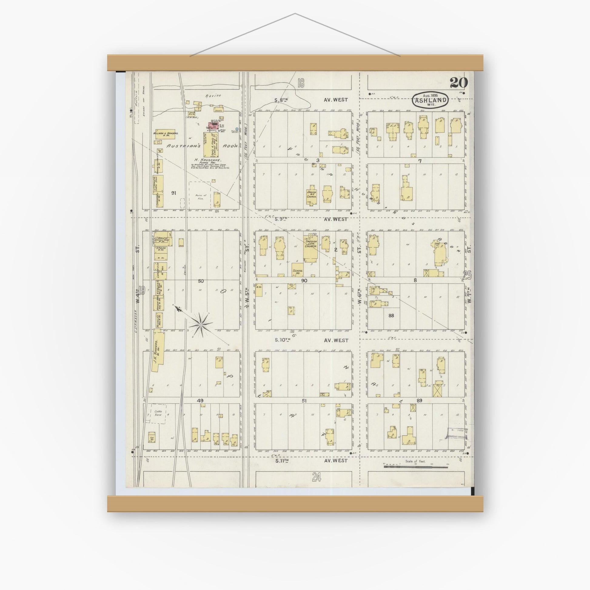 Old map wall art mockup — magnetic wood frame on white wall — Sanborn Fire Insurance Map from Ashland, Ashland County, Wisconsin (1895), Sheet #0020