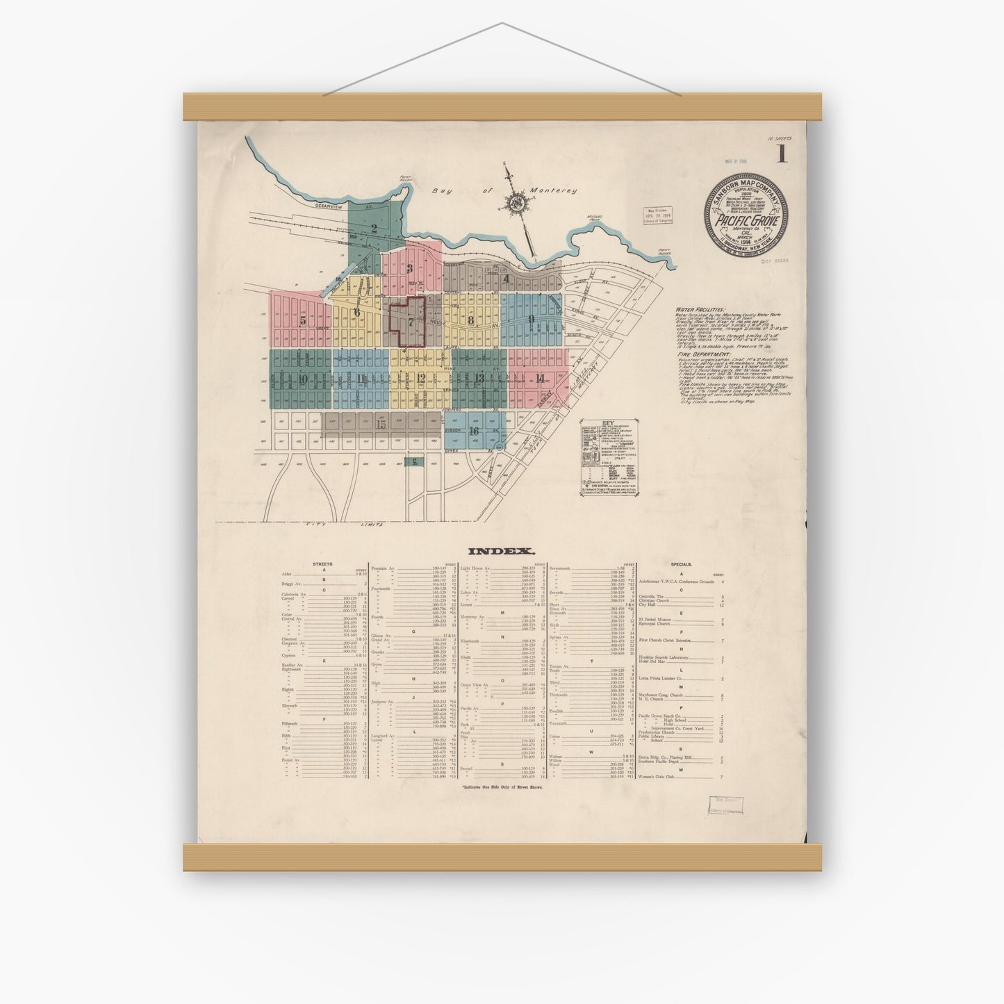Old map wall art mockup — magnetic wood frame on white wall — Sanborn Fire Insurance Map from Pacific Grove, Monterey County, California (1914) - Complete Map Set