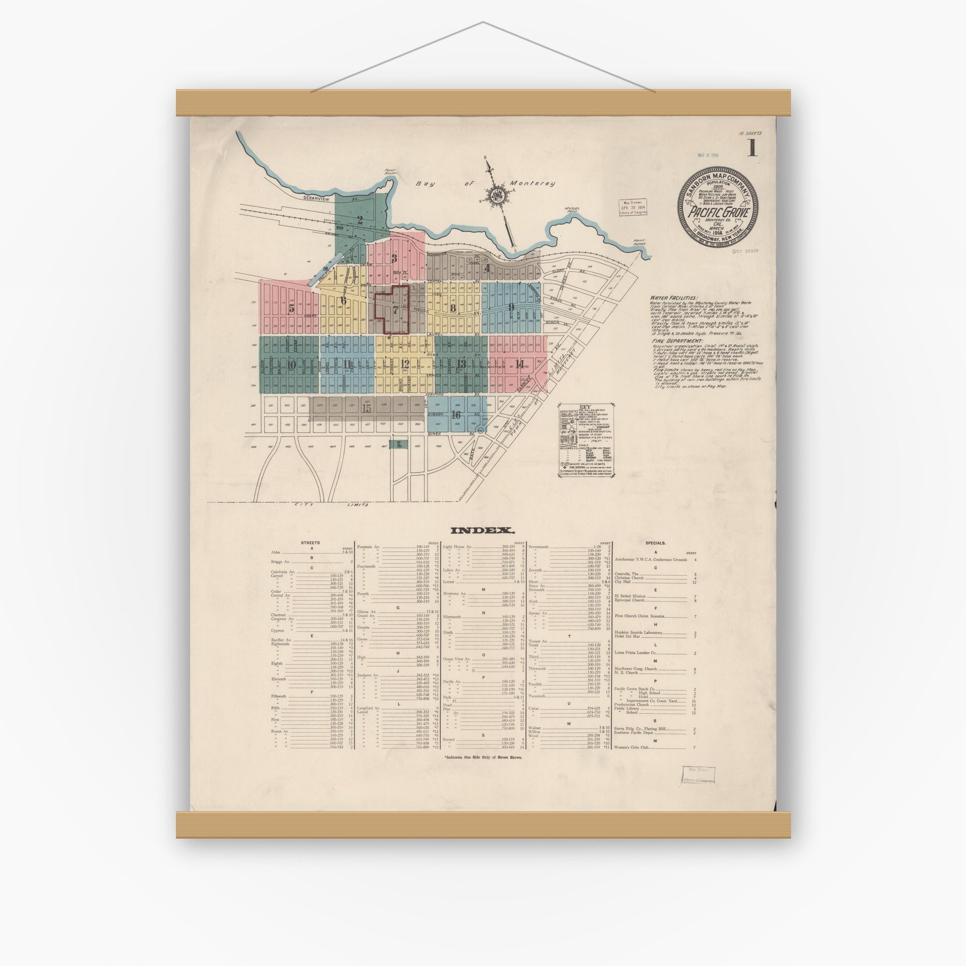 Old map wall art mockup — magnetic wood frame on white wall — Sanborn Fire Insurance Map from Pacific Grove, Monterey County, California (1914) - Complete Map Set