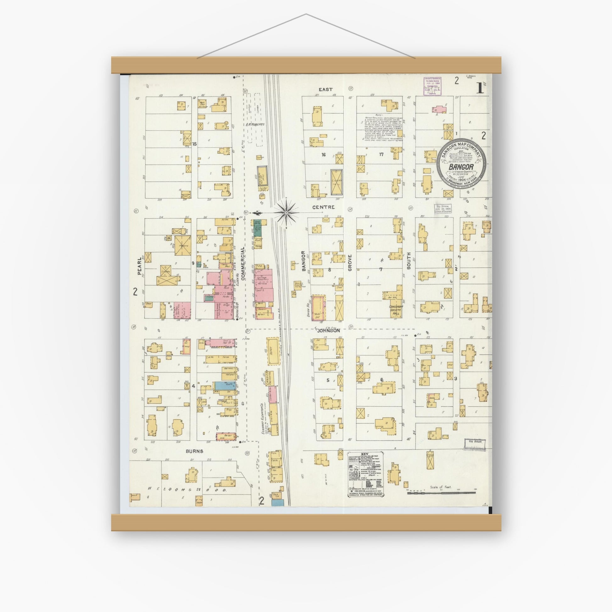 Old map wall art mockup — magnetic wood frame on white wall — Sanborn Fire Insurance Map from Bangor, La Crosse County, Wisconsin (1904), Sheet #0001