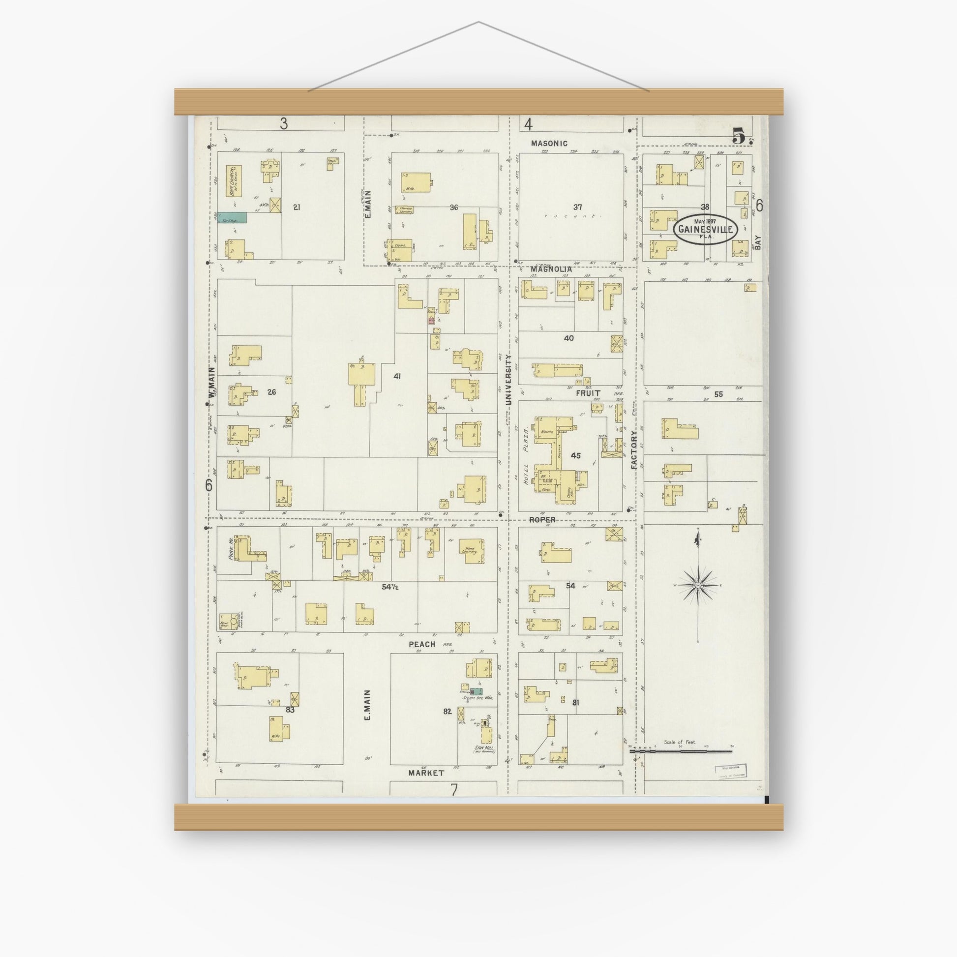 Old map wall art mockup — magnetic wood frame on white wall — Sanborn Fire Insurance Map from Gainesville, Alachua County, Florida (1897), Sheet #0005