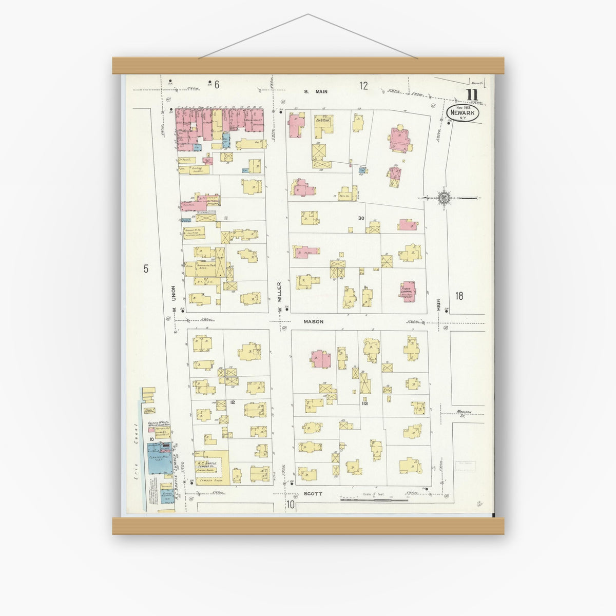 Old map wall art mockup — magnetic wood frame on white wall — Sanborn Fire Insurance Map from Newark, Wayne County, New York (1912), Sheet #0011