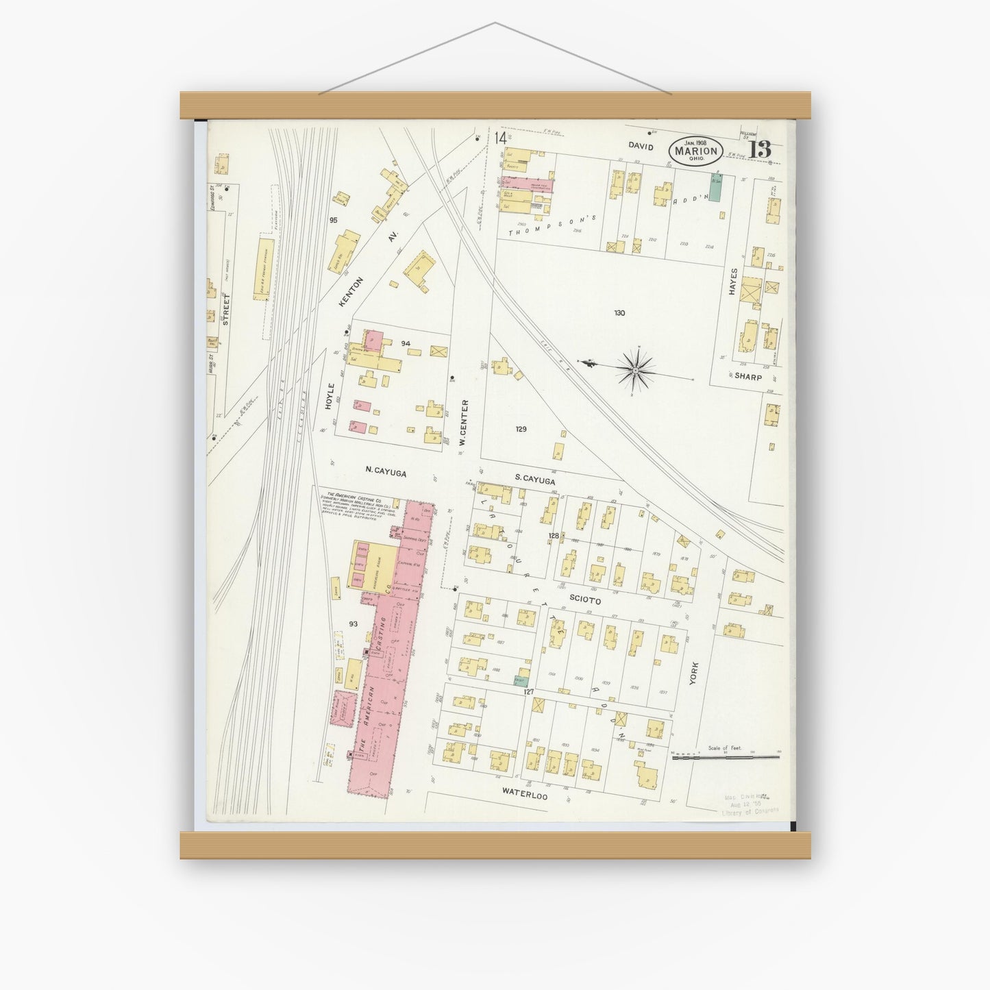 Old map wall art mockup — magnetic wood frame on white wall — Sanborn Fire Insurance Map from Marion, Marion County, Ohio (1908), Sheet #0013