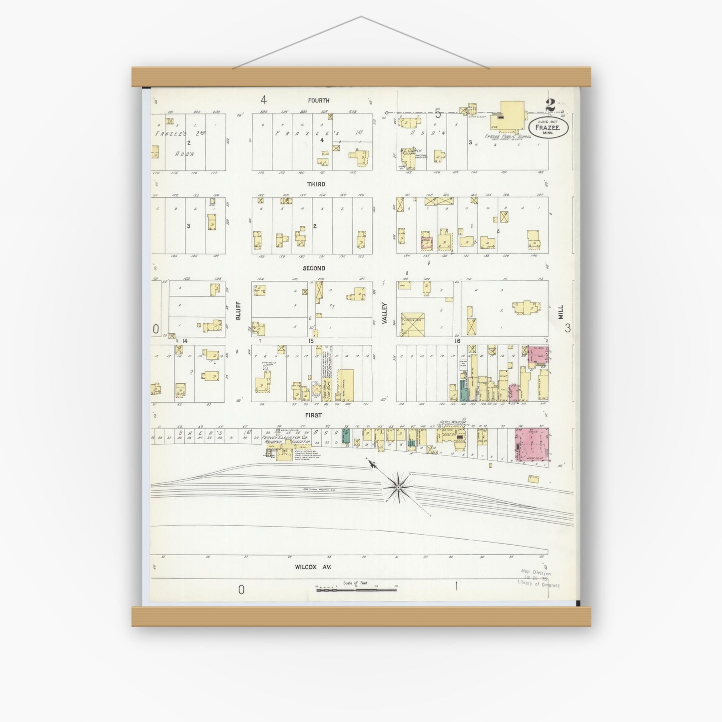 Old map wall art mockup — magnetic wood frame on white wall — Sanborn Fire Insurance Map from Frazee, Becker County, Minnesota (1907), Sheet #0002