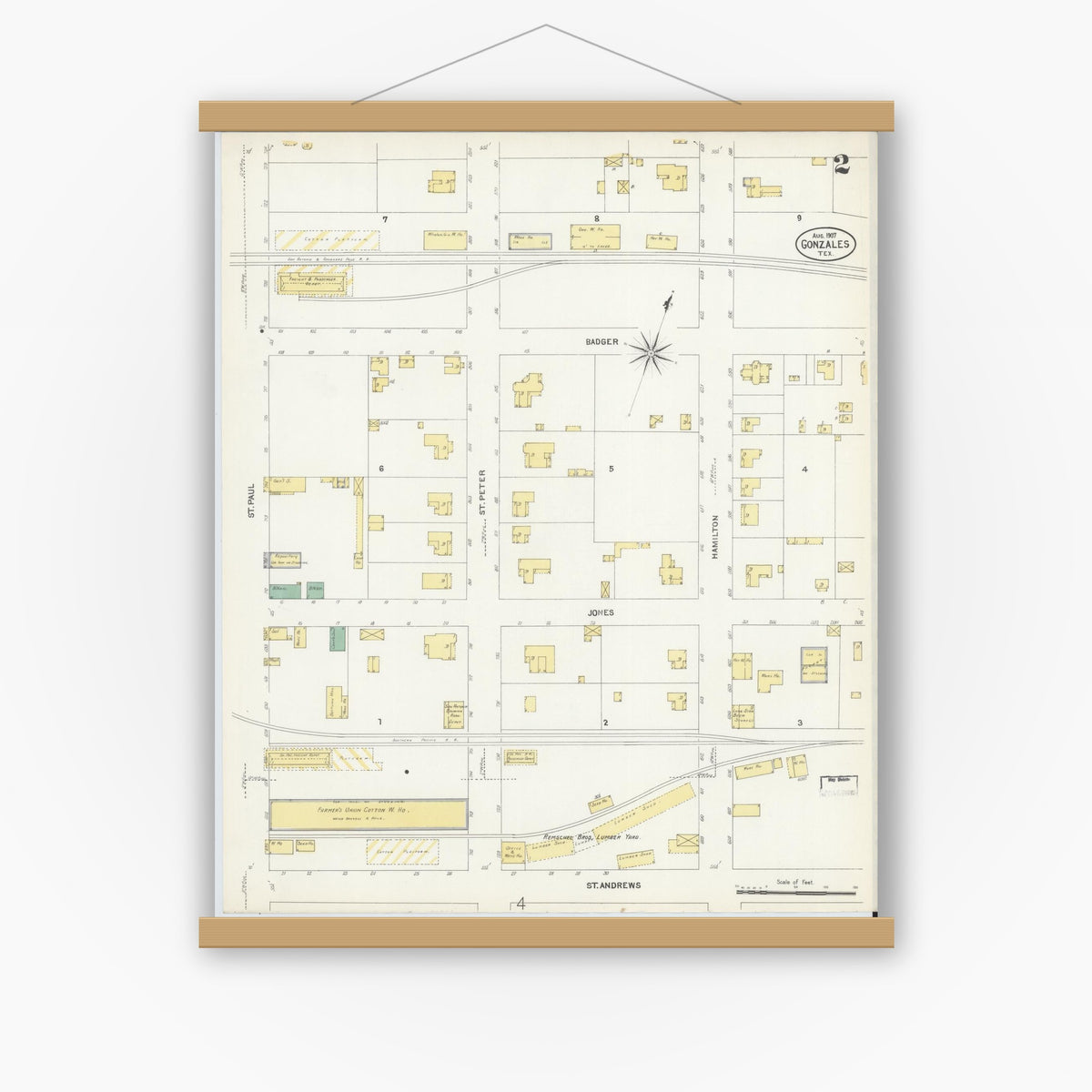 Old map wall art mockup — magnetic wood frame on white wall — Sanborn Fire Insurance Map from Gonzales, Gonzales County, Texas (1907), Sheet #0002