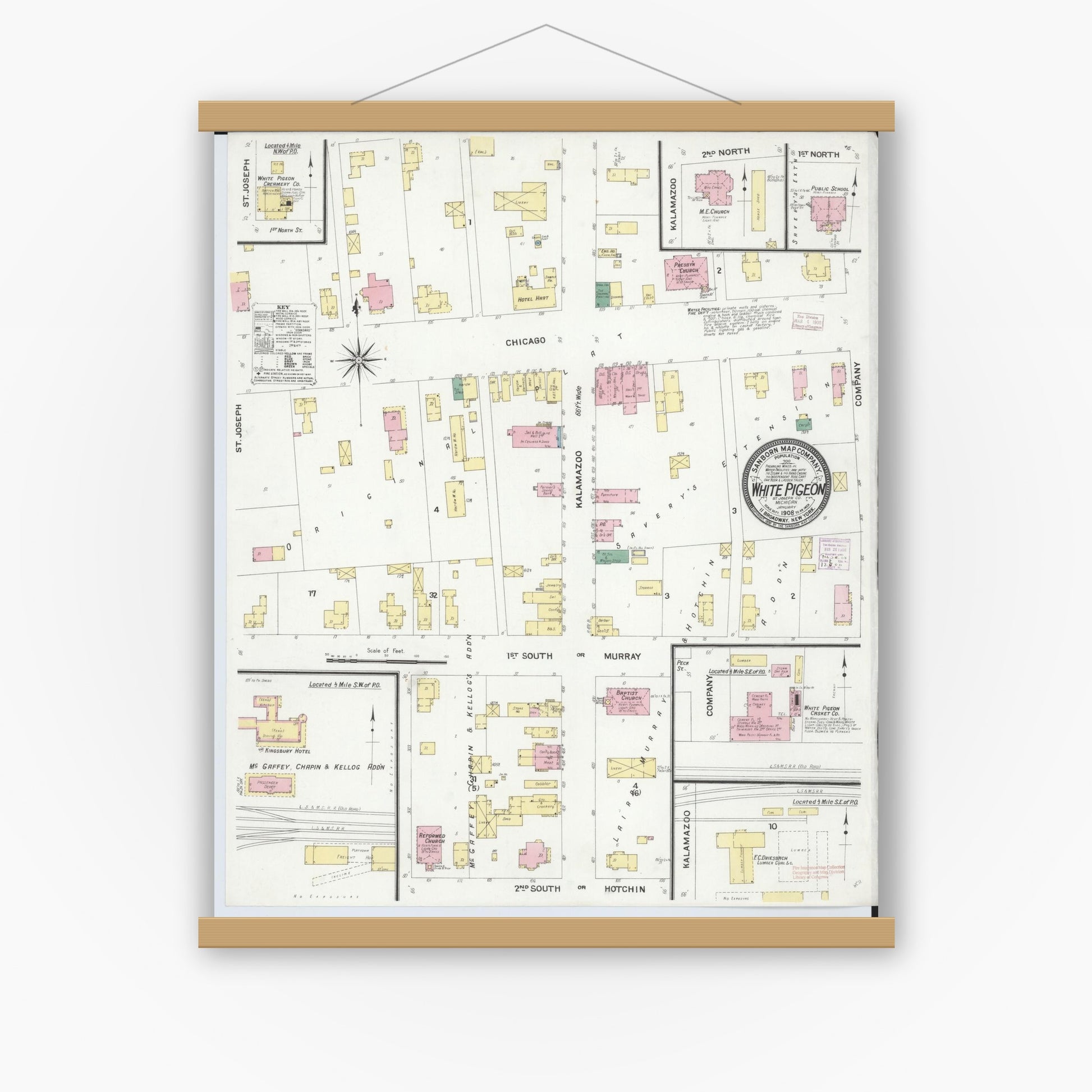 Old map wall art mockup — magnetic wood frame on white wall — Sanborn Fire Insurance Map from White Pigeon, Saint Joseph County, Michigan (1908), Sheet #0001