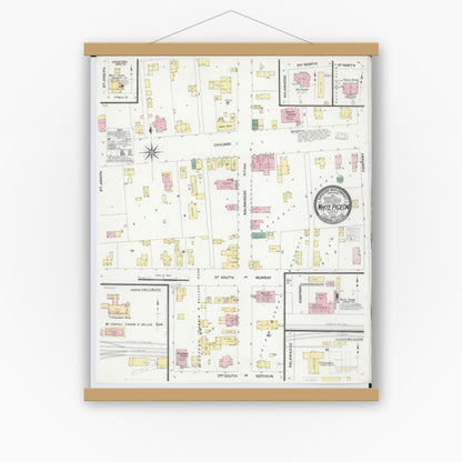 Old map wall art mockup — magnetic wood frame on white wall — Sanborn Fire Insurance Map from White Pigeon, Saint Joseph County, Michigan (1908), Sheet #0001