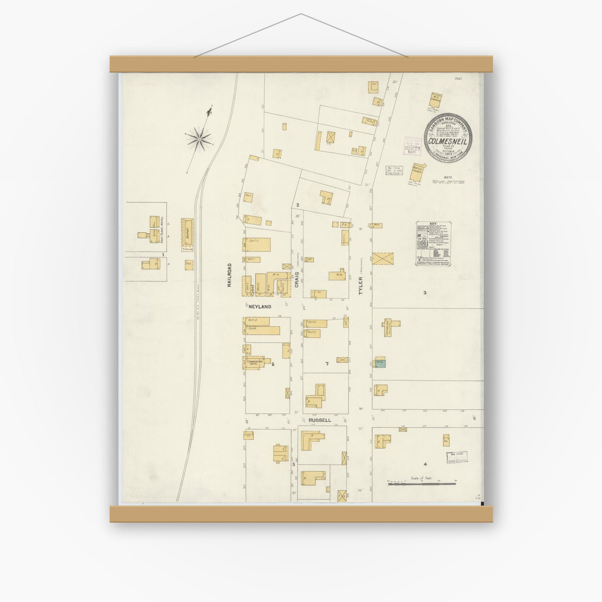 Old map wall art mockup — magnetic wood frame on white wall — Sanborn Fire Insurance Map from Colmesneil, Tyler County, Texas (1904), Sheet #0001
