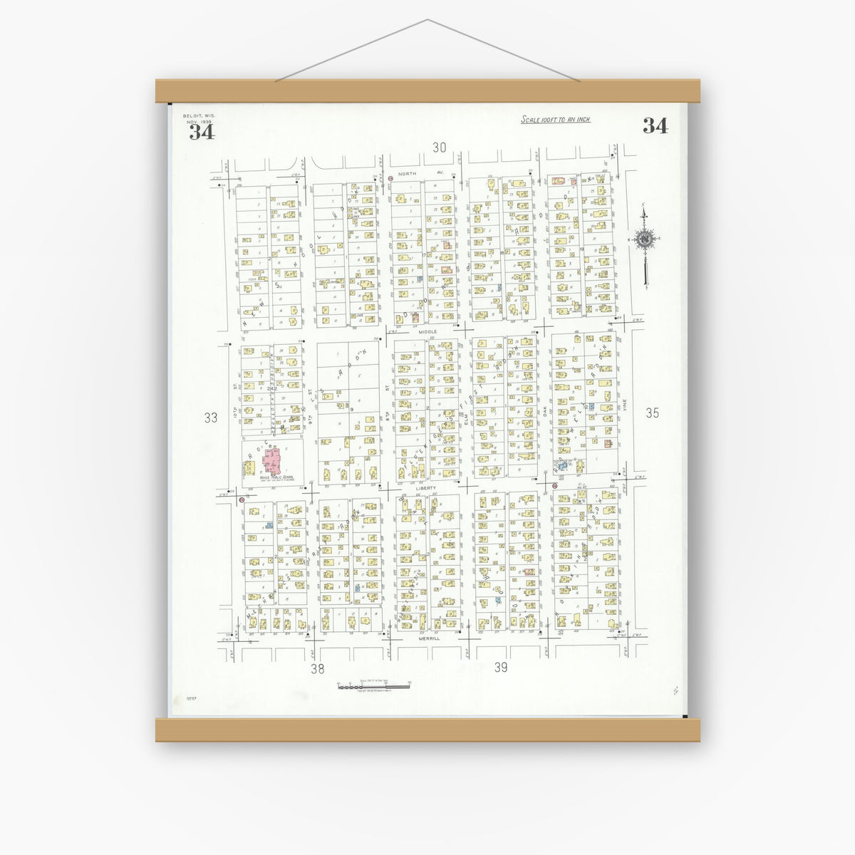 Old map wall art mockup — magnetic wood frame on white wall — Sanborn Fire Insurance Map from Beloit, Rock County, Wisconsin (1939), Sheet #0034