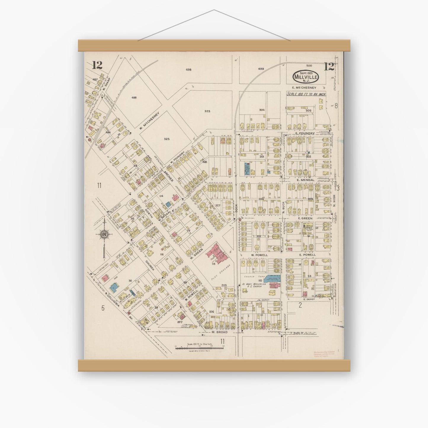 Old map wall art mockup — magnetic wood frame on white wall — Sanborn Fire Insurance Map from Millville, Cumberland County, New Jersey (1923), Sheet #0012