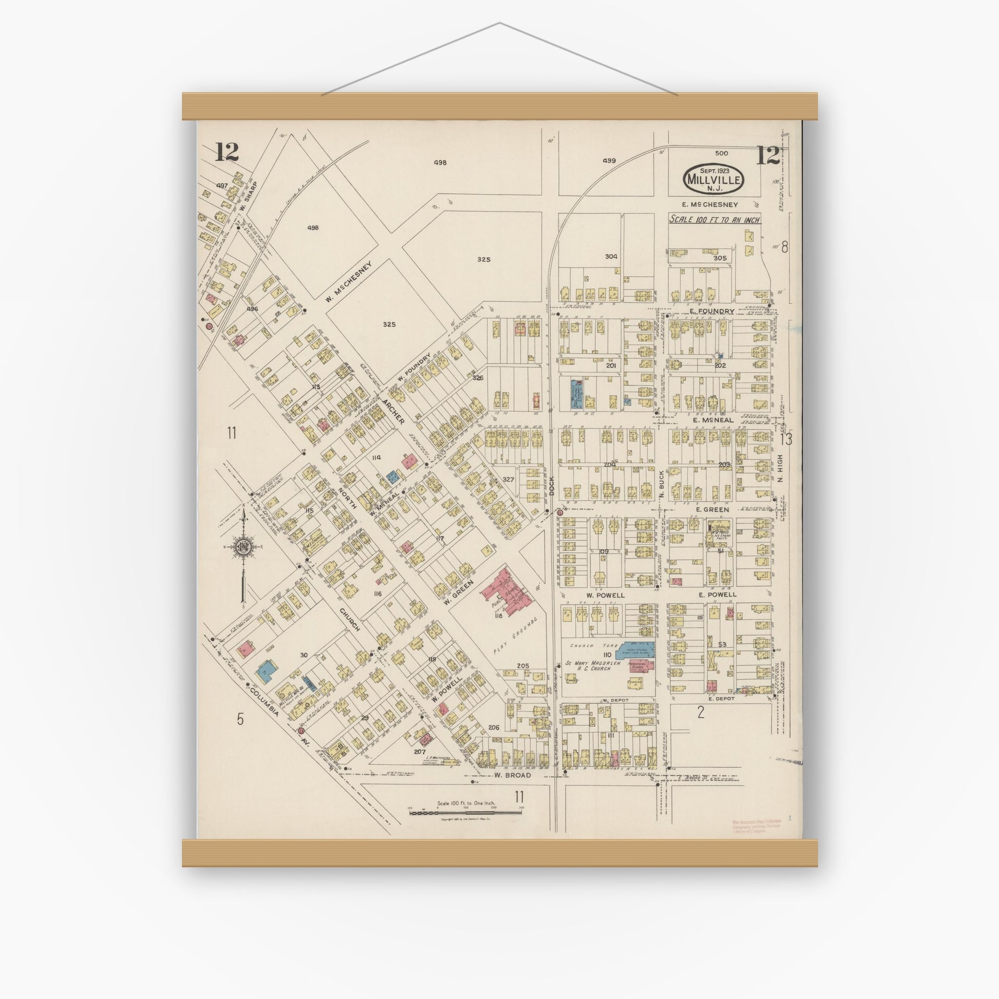 Old map wall art mockup — magnetic wood frame on white wall — Sanborn Fire Insurance Map from Millville, Cumberland County, New Jersey (1923), Sheet #0012