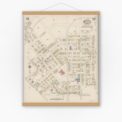 Old map wall art mockup — magnetic wood frame on white wall — Sanborn Fire Insurance Map from Millville, Cumberland County, New Jersey (1923), Sheet #0012
