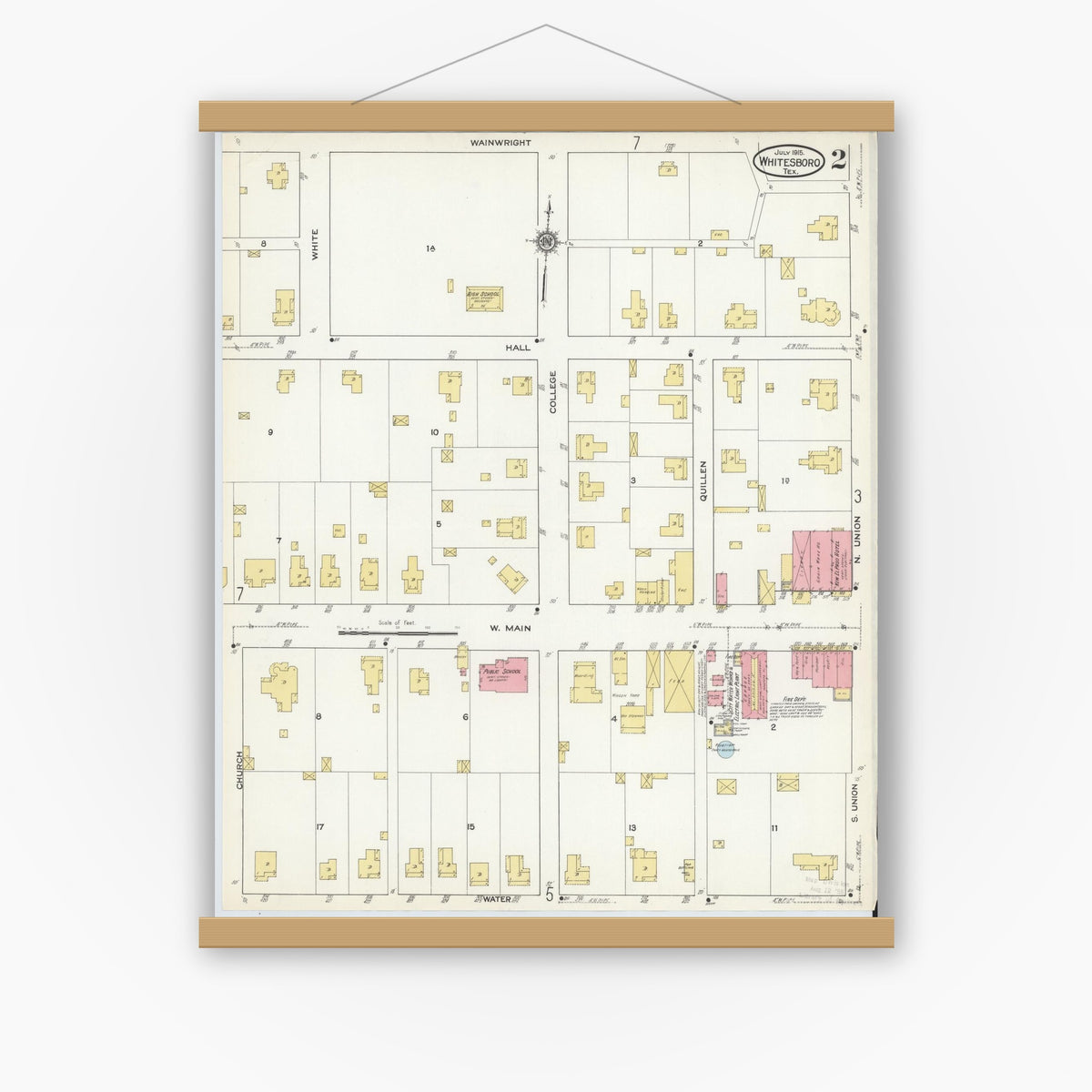 Old map wall art mockup — magnetic wood frame on white wall — Sanborn Fire Insurance Map from Whitesboro, Grayson County, Texas (1915), Sheet #0002