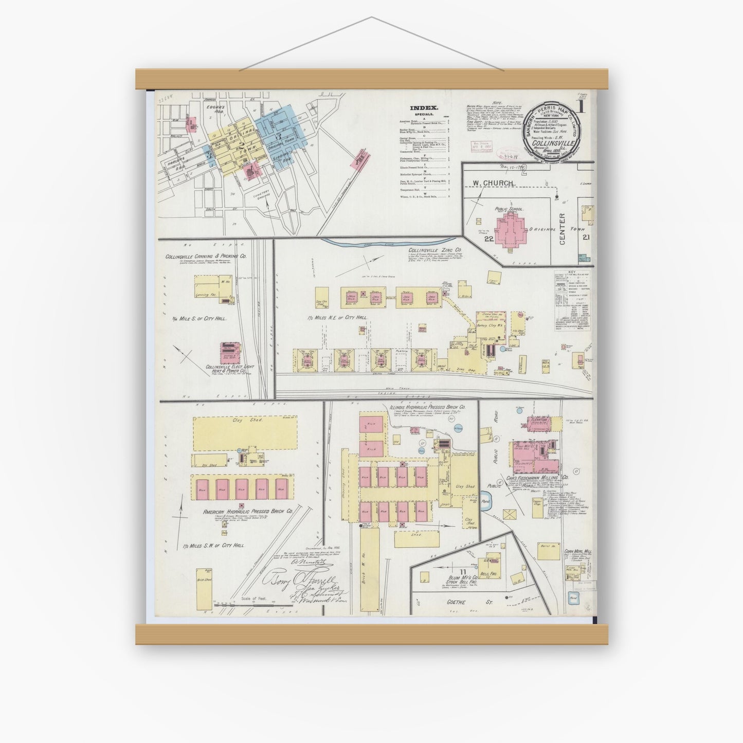 Old map wall art mockup — magnetic wood frame on white wall — Sanborn Fire Insurance Map from Collinsville, Madison County, Illinois (1893), Sheet #0001