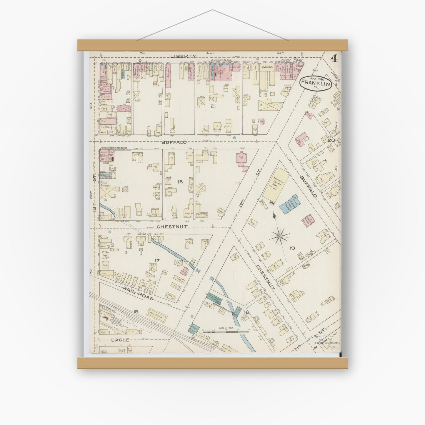 Old map wall art mockup — magnetic wood frame on white wall — Sanborn Fire Insurance Map from Franklin, Venango County, Pennsylvania (1888), Sheet #0004